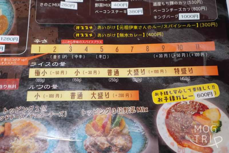 E-itou Curry（エイトカリー）のカレーのカスタマイズメニューがテーブルに置かれている