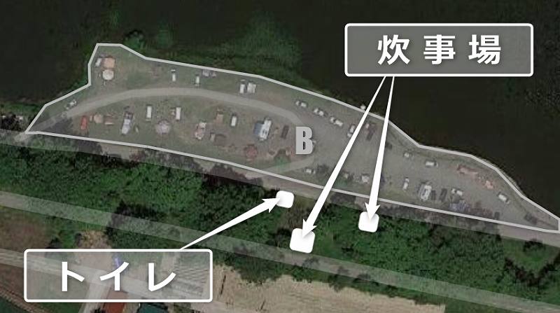 皆楽公園キャンプ場 Bサイトの設備配置図