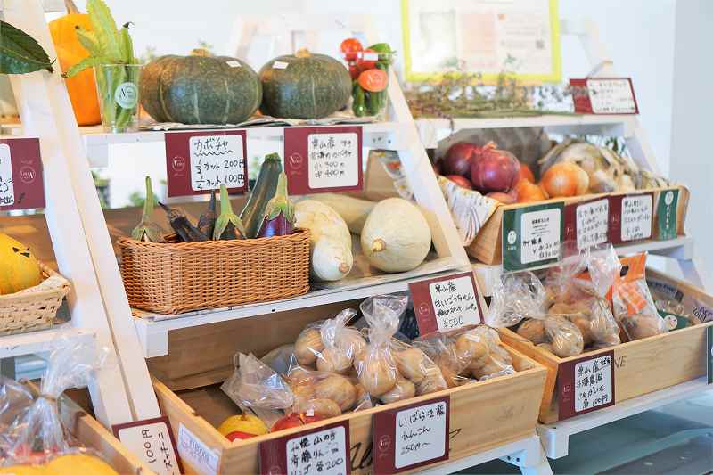 かぼちゃやじゃがいもなど、木の棚にたくさんの野菜が並べられている