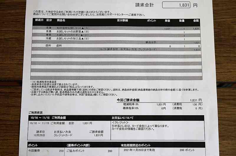 大地を守る会お試しセットの請求書