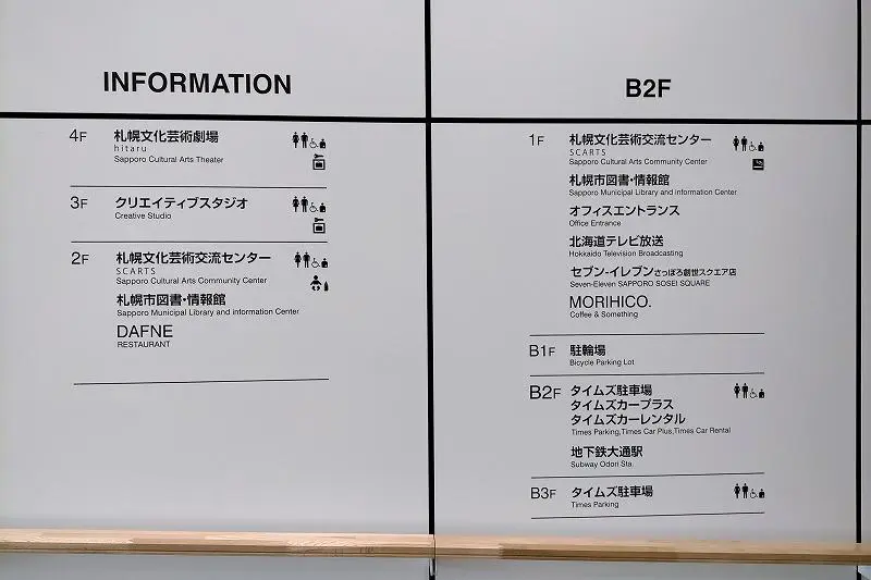 '삿포로 시민 교류 플라자'의 층 안내는 벽에 게시되어 있습니다.