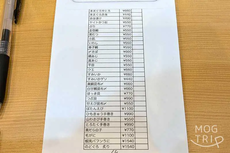 서서 먹는 스시 아키라 삿포로 점의 "주문 양식"