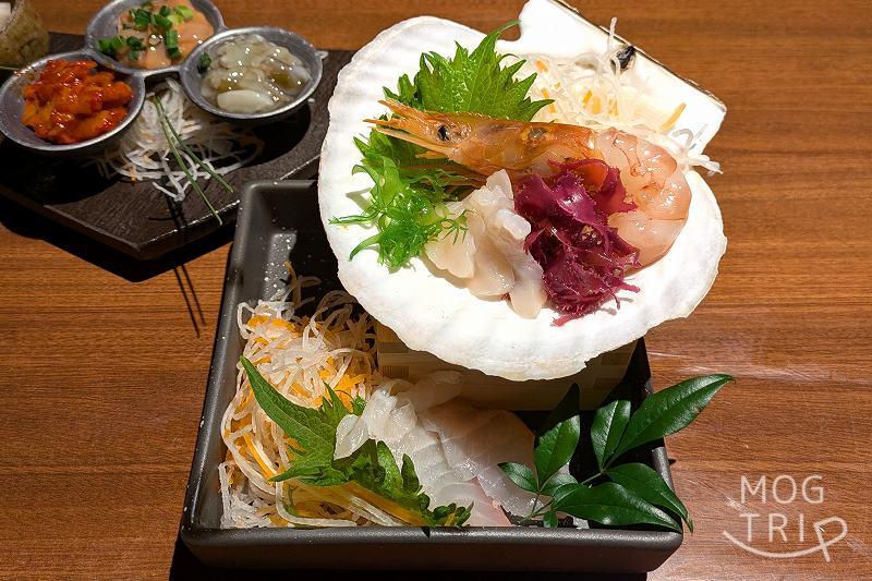 白冨の「お造り(ボタン海老・ホタテ・鯛)」